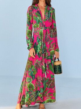 Farm Rio Leaves Print Long Sleeve Maxi Dress In Pink and Green Size S